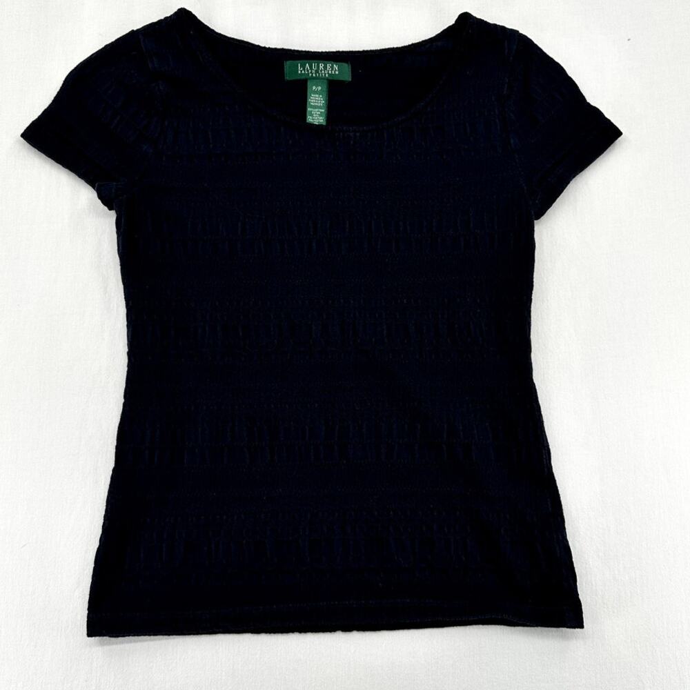 Ralph Lauren black short-sleeve scoop neck seersucker shirt.